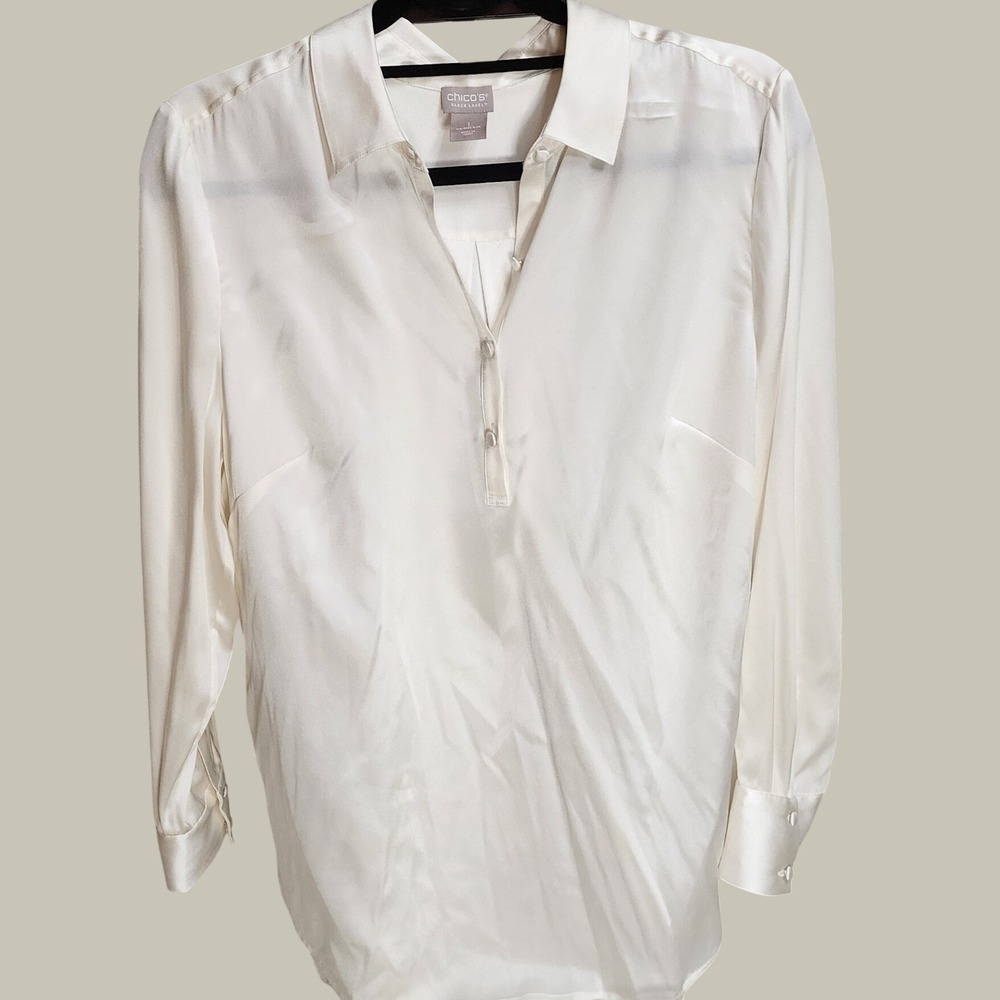 Chicos Black Label Ivory Silk Blend Button Front Blouse Size 1 Medium 8/10